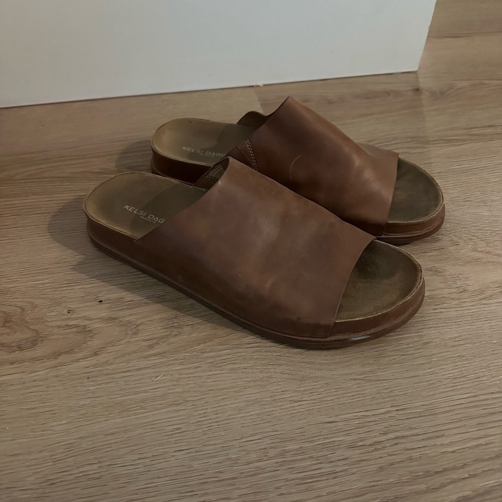 Kelsi Dagger Brown Leather Slide Sandals